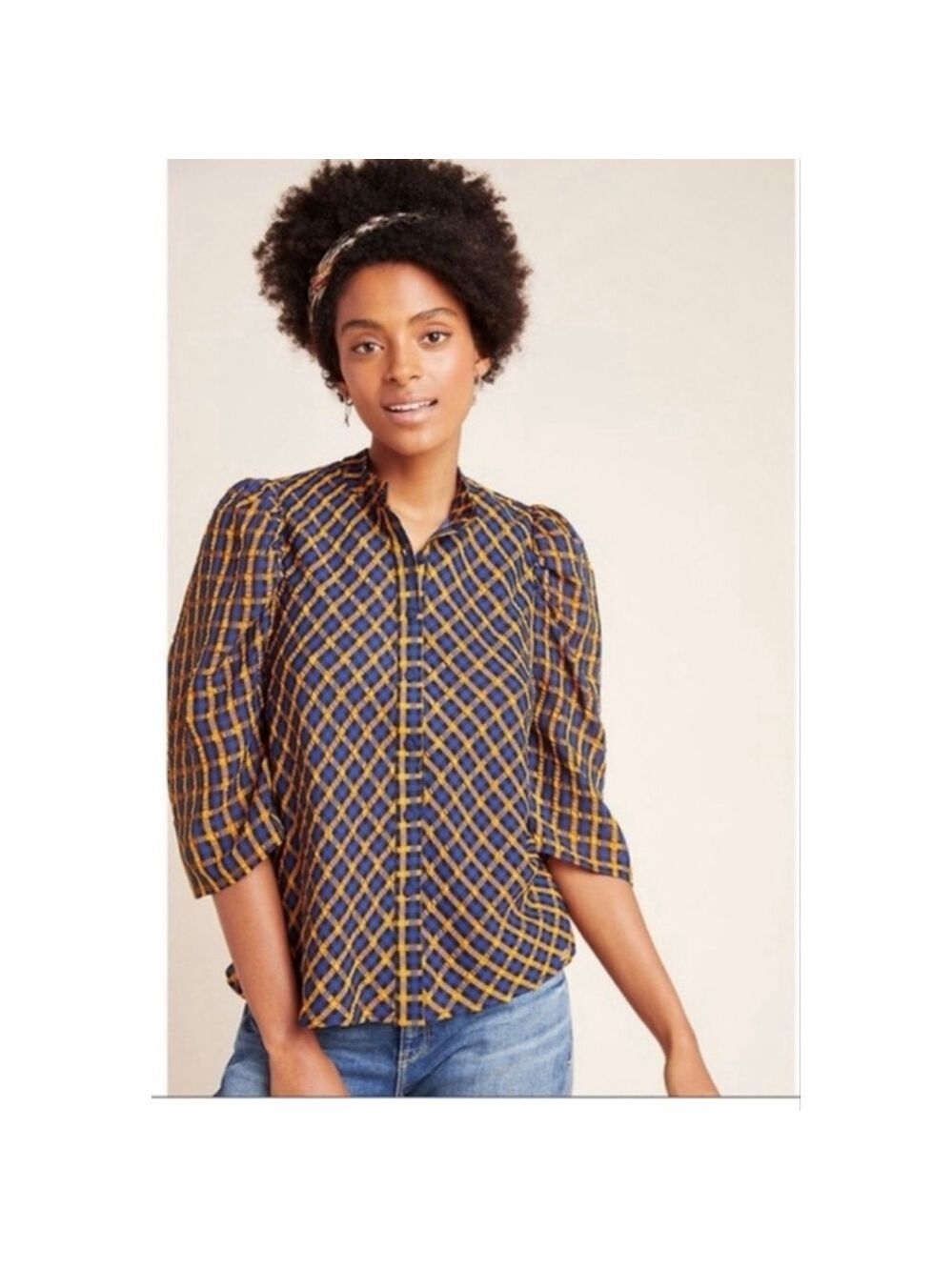 Women's Eva Franco Anthropology Blouse Size 6 Blue Orange Plaid